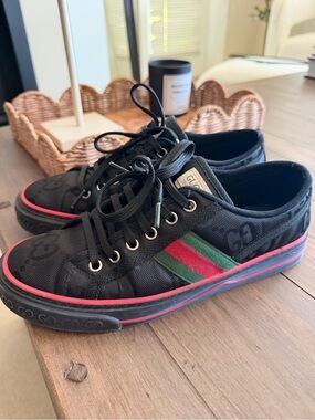 Gucci Black Canvas Sneakers with Red and Green Stripe